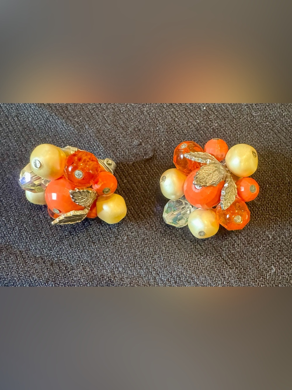1950-1960’s Laguna Cluster Earrings with Orange, Pearl Beads and Leaf Accents